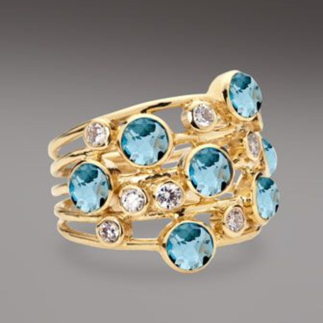 Bague Vintage Dorée avec Zircons Bleus Incrustés