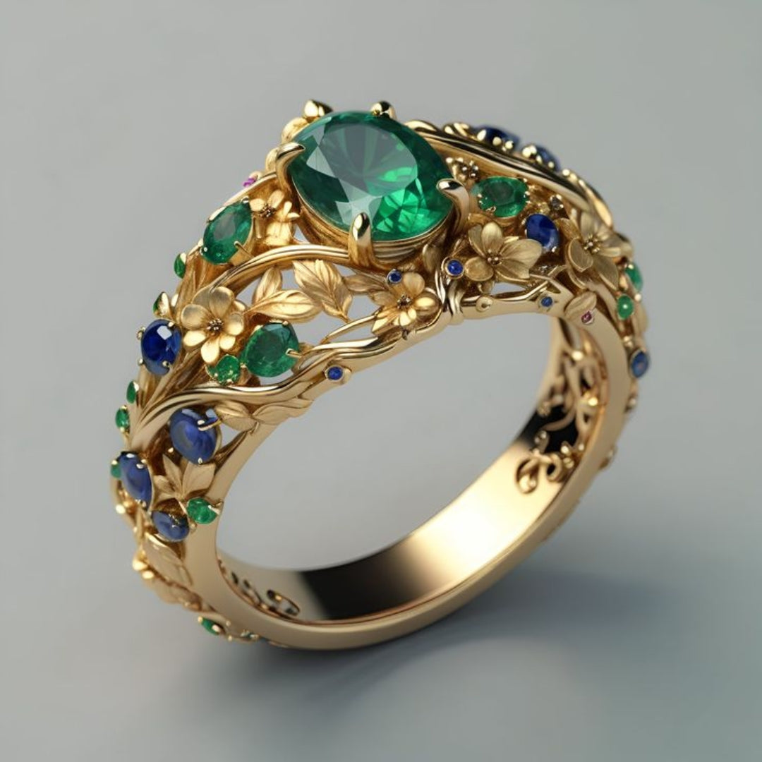 Bague luxueuse et élégante en émeraudes et saphirs