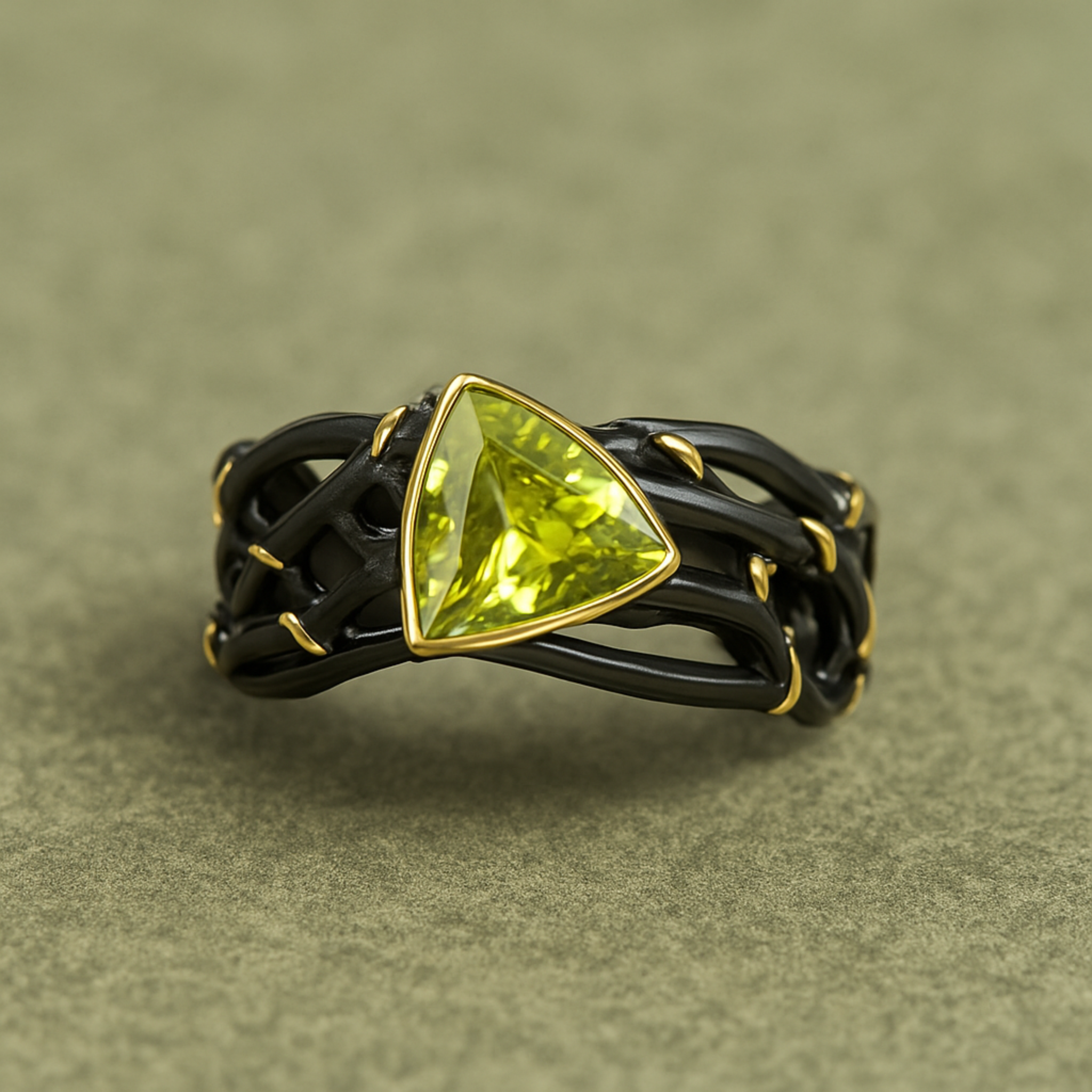 Bague tressée or noir avec pierre précieuse verte