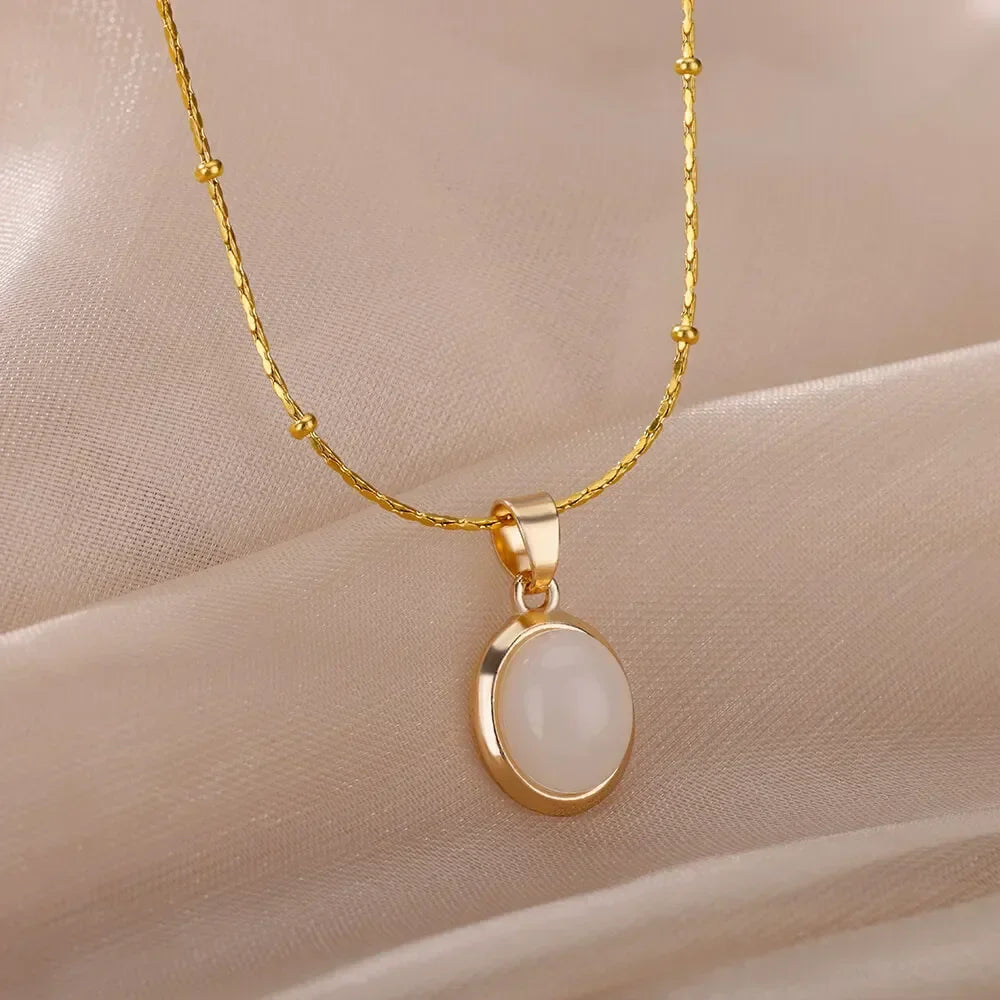 Chic Gold-Tone Stainless Steel Necklace With Teardrop Opal Pendant