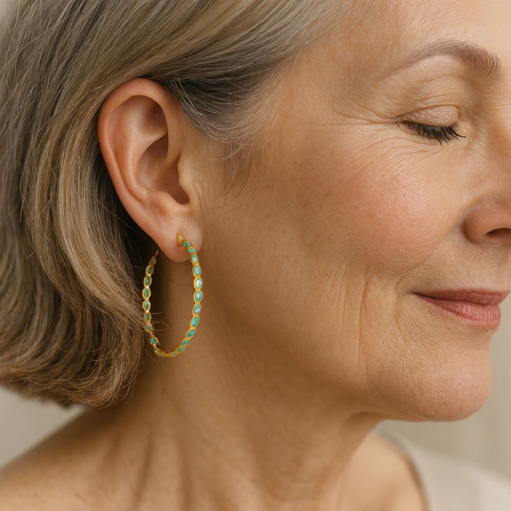 Boucles d'oreilles créoles dorées en opale bleue vintage