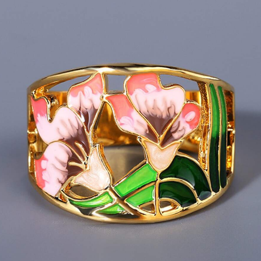 Bague vintage Fleur en émail doré
