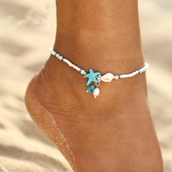 Bracelet de cheville étoile et coquillage avec pierres naturelles