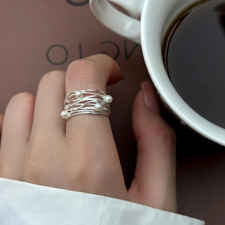 Bague vintage en argent et perles