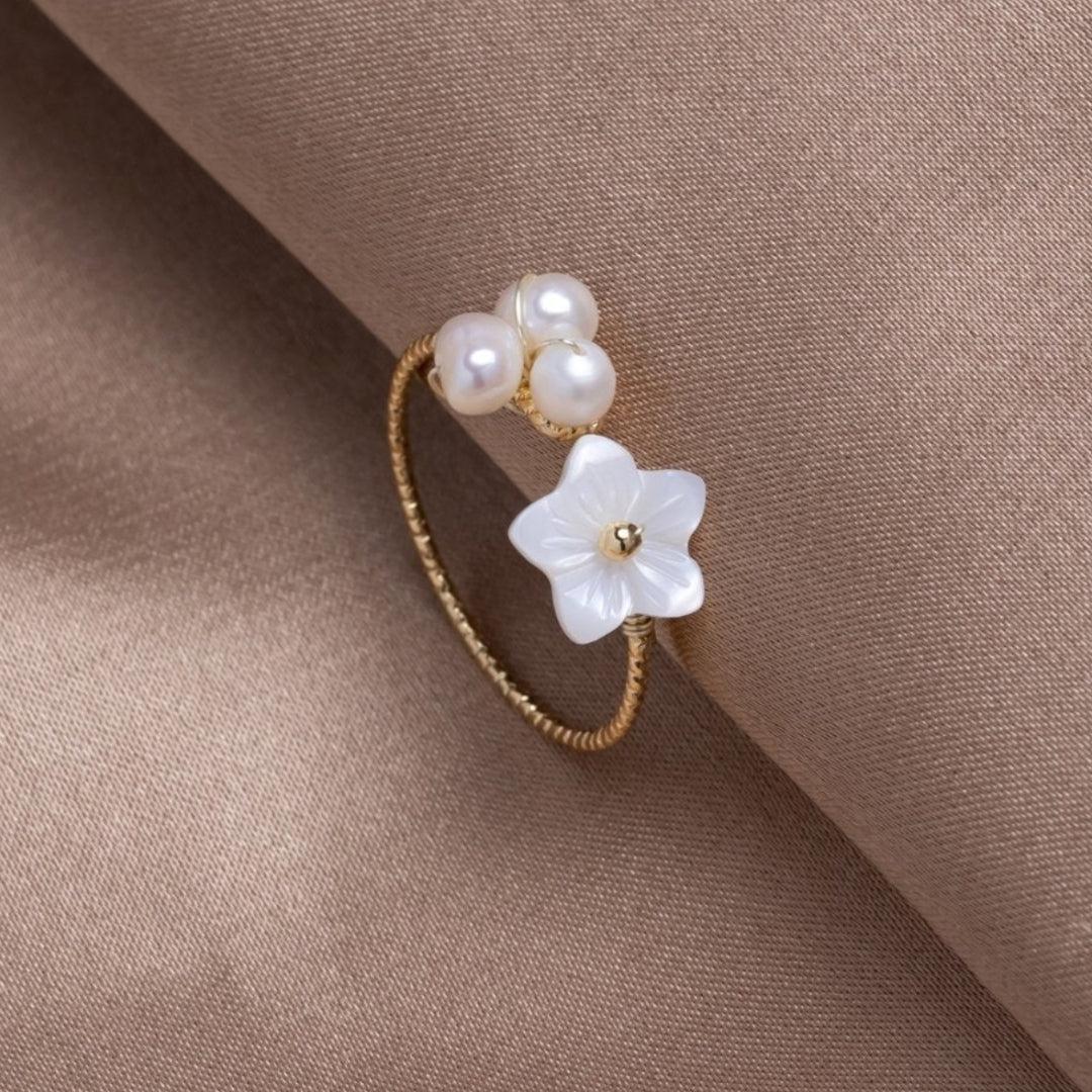 Bague Fleur Perle Réglable en Or