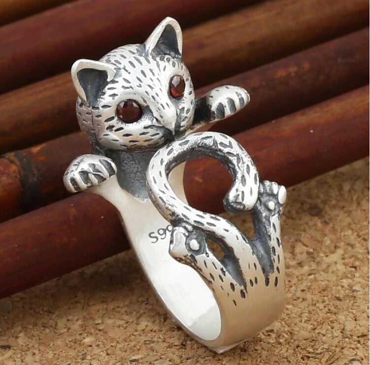 Bague Chat Ajustable Peinte à la Main en Argent Sterling 925