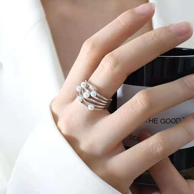 Bague Vintage Argent Superposée avec Incrustations de Perles