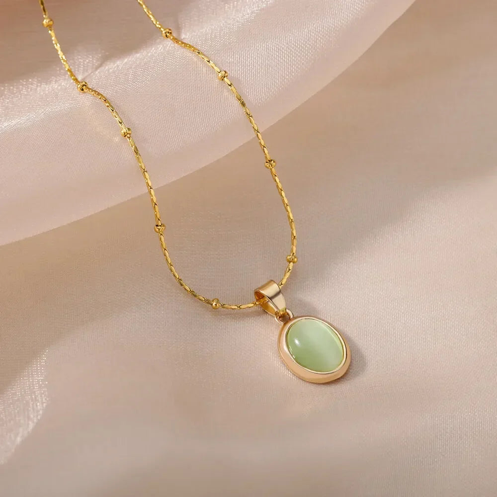 Chic Gold-Tone Stainless Steel Necklace With Teardrop Opal Pendant