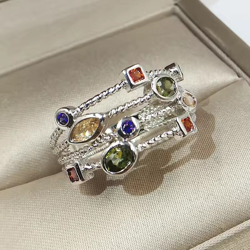 Bague vintage en verre vert et argent superposé