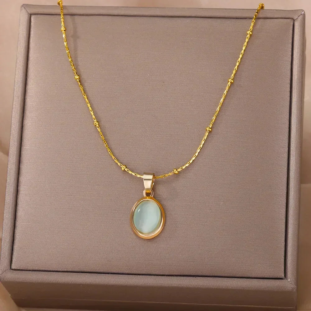Chic Gold-Tone Stainless Steel Necklace With Teardrop Opal Pendant