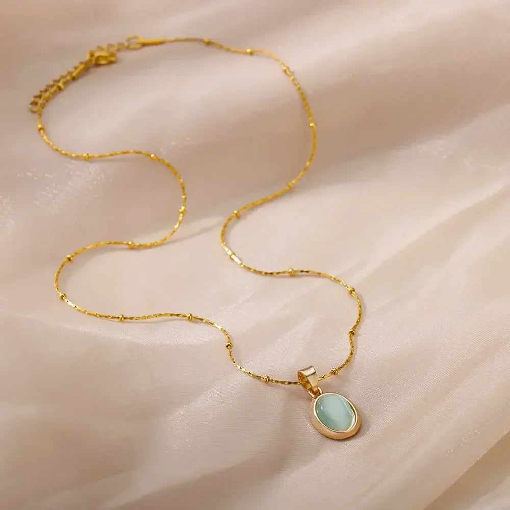 Chic Gold-Tone Stainless Steel Necklace With Teardrop Opal Pendant