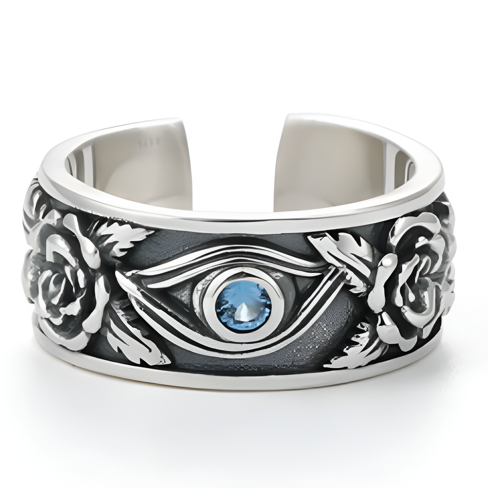 Bague gothique en argent avec œil et roses sculptées