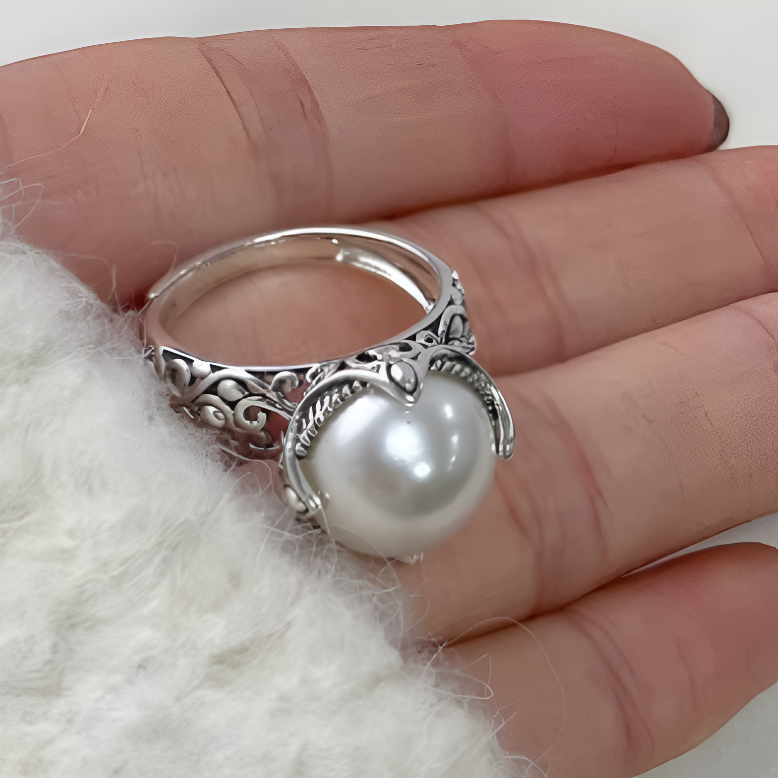 Bague Vintage Argent Perle Ronde