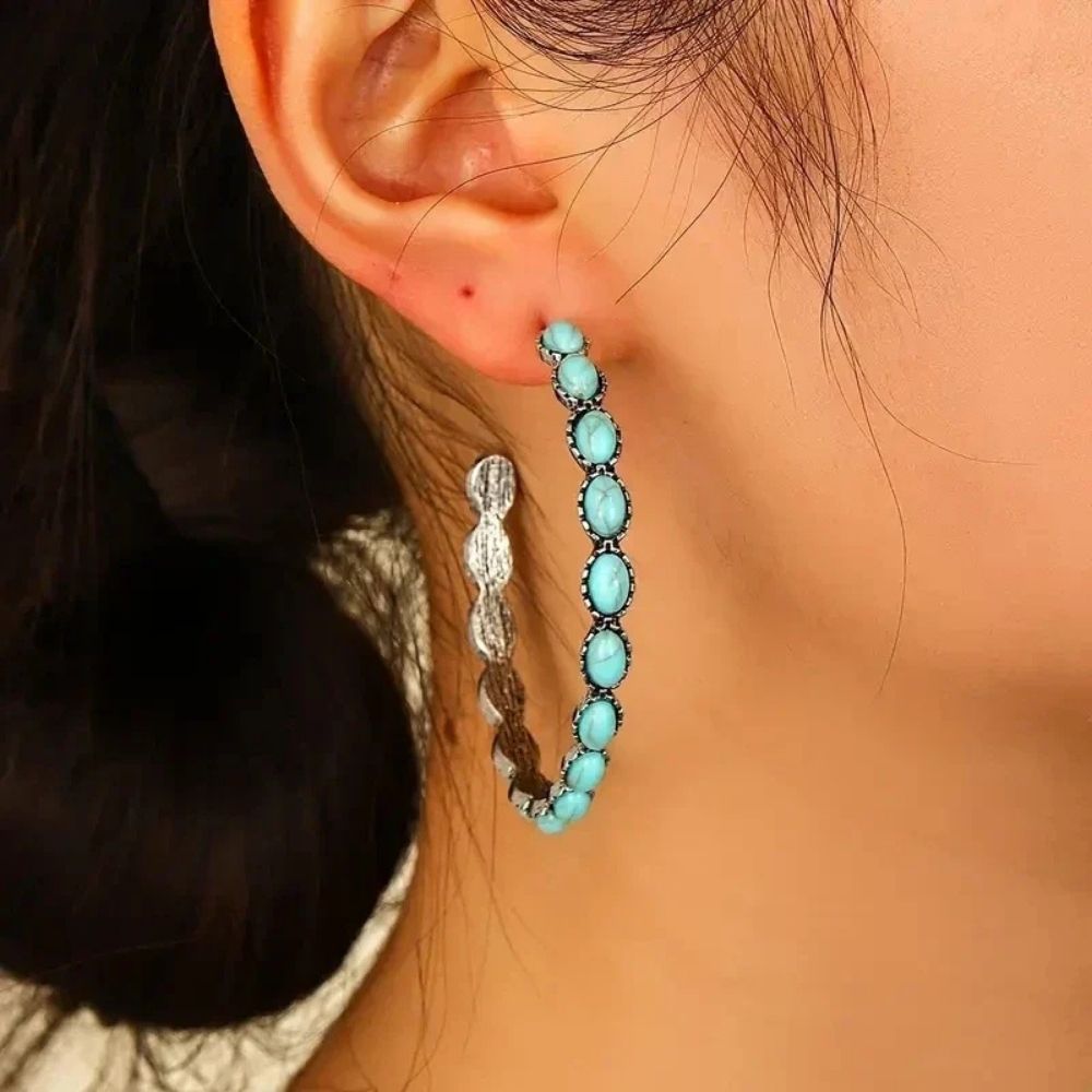 Boucles d'oreilles cercle turquoise vintage bohème