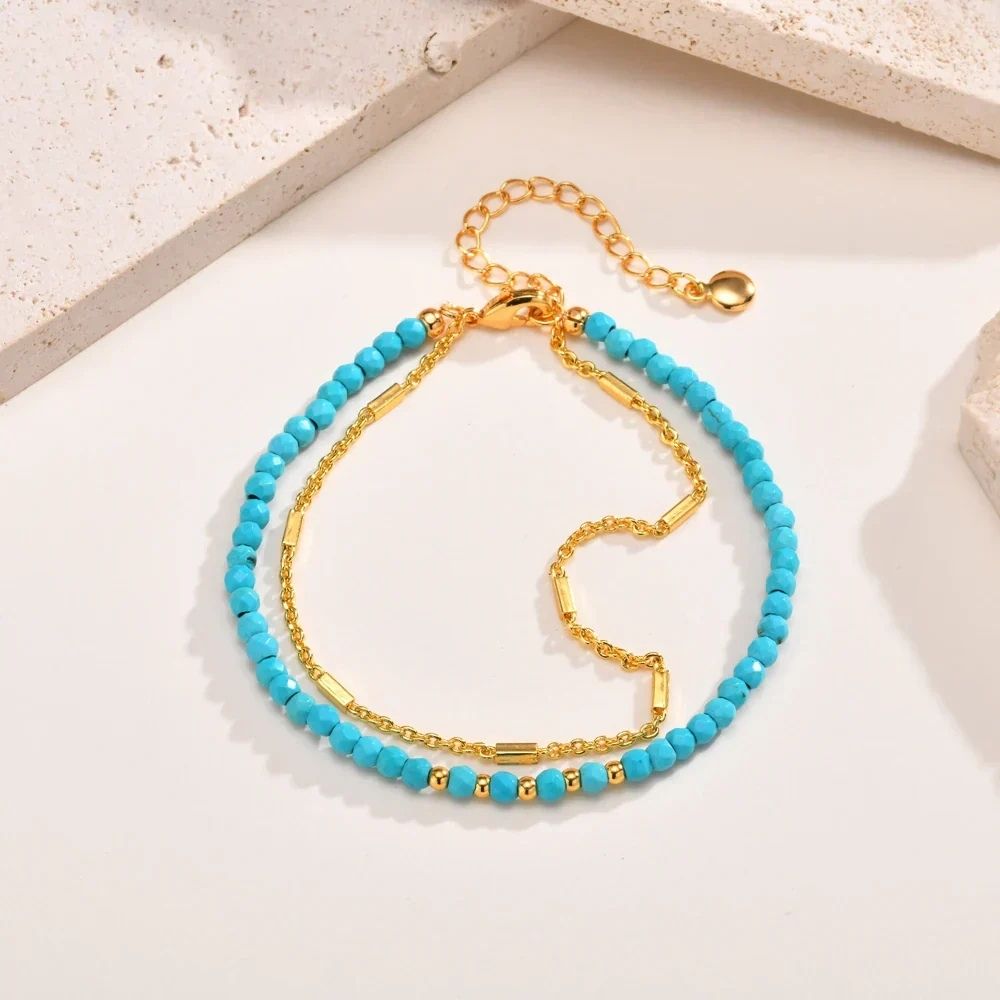Bracelet double chaîne intemporel en or et turquoise