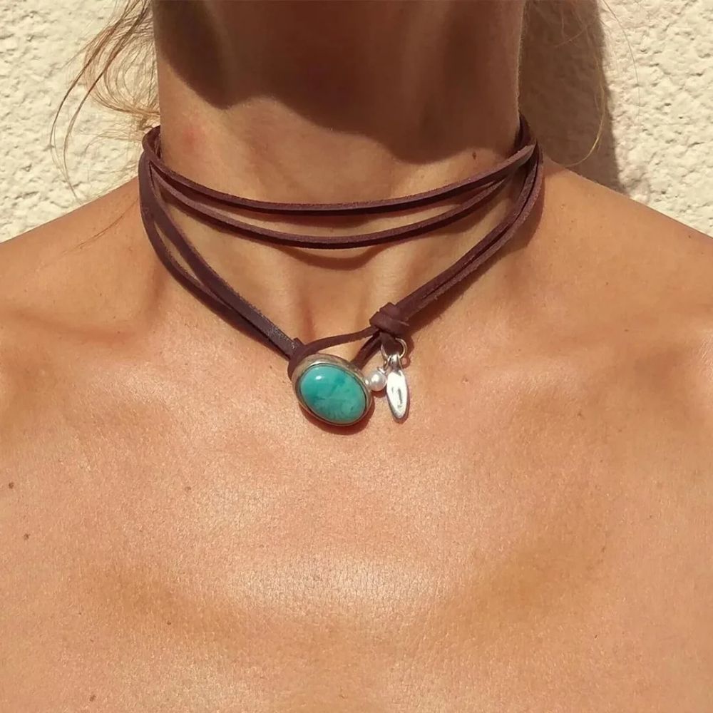 Collier pendentif bohème turquoise vintage