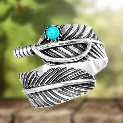 Bague réglable bohème plume turquoise