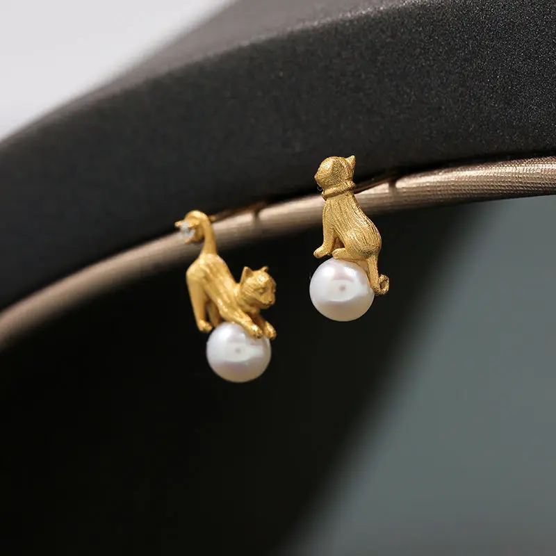 Boucles d'oreilles vintage « Golden Kitty » avec perles