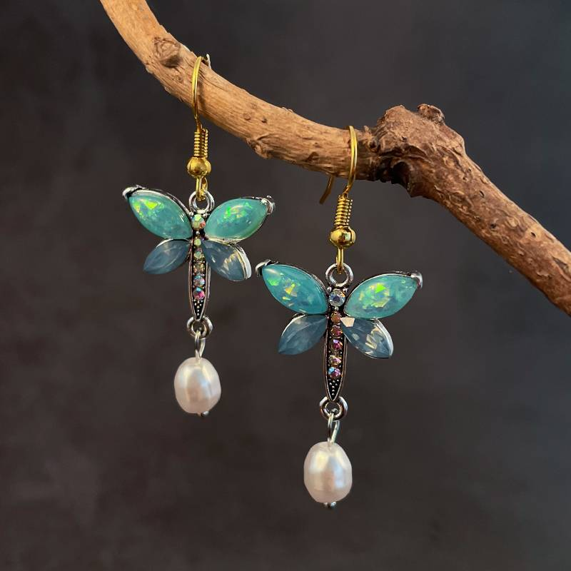 Boucles d'oreilles papillon vintage vertes opale perle