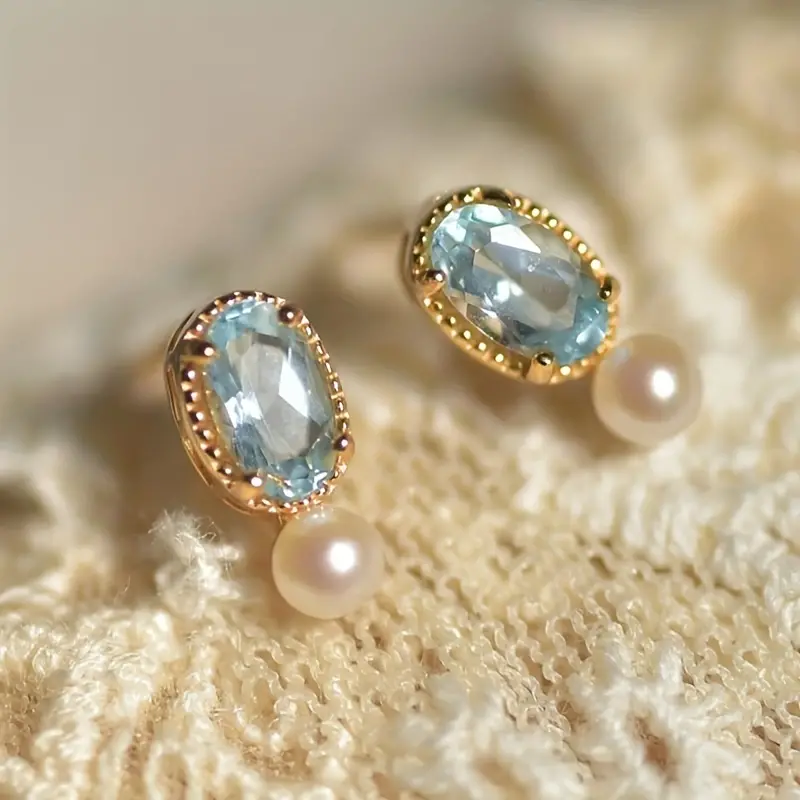 Boucles d'oreilles vintage en cristal bleu, perles et or