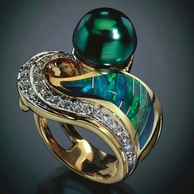 Bague vintage verte en perle et zircone