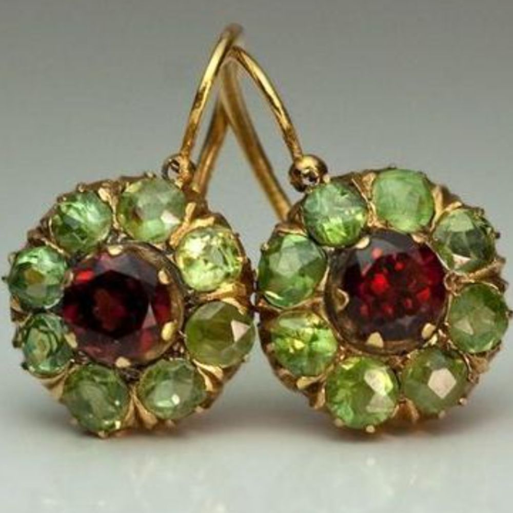 Boucles d'oreilles vintage en cristal rouge et vert, forme arrondie