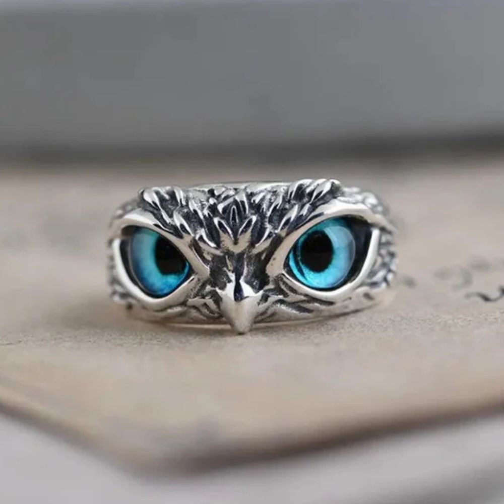Owl of Good Luck Adjustable Ring in Silver and Opal